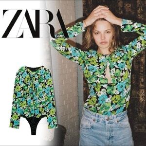 Zara blue green floral flower long sleeve cutout pleated bodysuit NWT